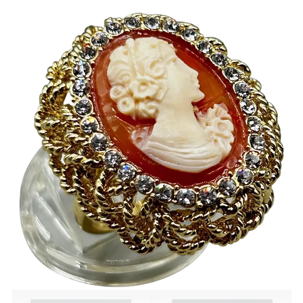 Set Of Carved Vintage Cameo Brooch And Amedeo Ring